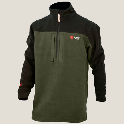 Green fleece hunting pullover with half-zip, chest pockets and a high collar.