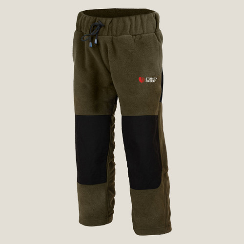 Olive green fleece pants with black knee patches and Stoney Creek logo on the upper left thigh.