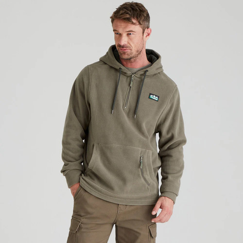 Studio image of the smokey olive Ridgeline hoodie with quarter zip and kangaroo pocket.