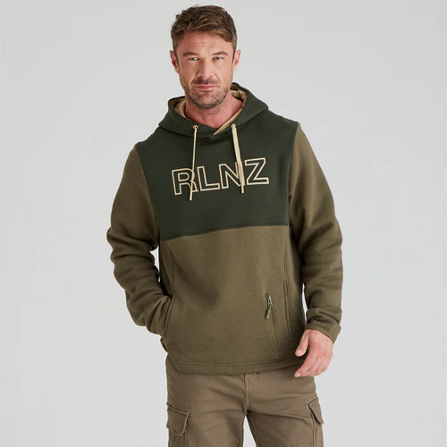 Front view of Ridgeline Men's South Island Hoodie in a two-tone- Olive