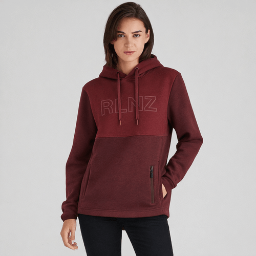 Front view of a women wearing a Ridgeline South Island Hoodie in a two-tone Winterberry Red colour