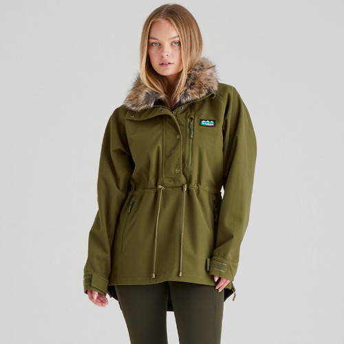 A front view of a woman wearing a teak coloured Ridgeline Monsoon Nordic Smock