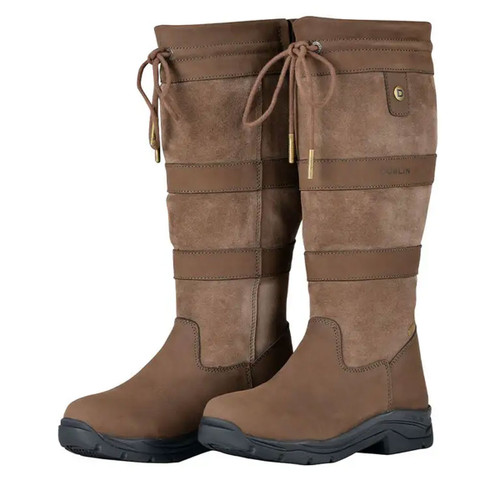 A pair of brown, knee-high, lace-up river boots on a white background.