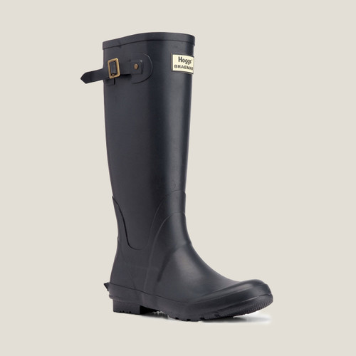 A black rubber wellington boot with an adjustable strap and a label reading "Hoggs BRAEMAR" on a white background.