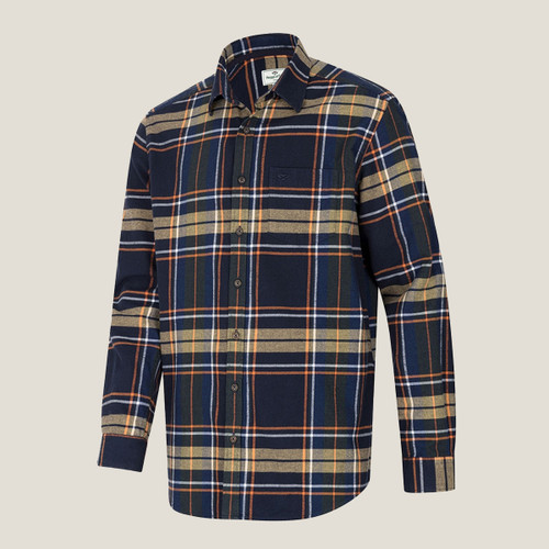Navy blue checked shirt with beige and orange stripes, buttoned up front, and long sleeves.