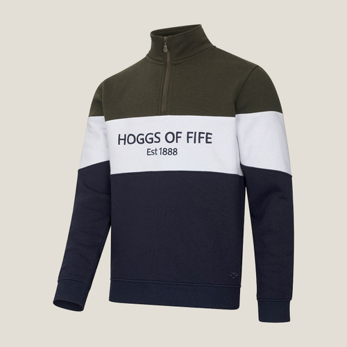 A green, white, and navy colour-blocked zip-up sweater with "HOGGS OF FIFE Est 1888" text across the front. A green, white, and navy colour-blocked zip-up sweater with "HOGGS OF FIFE Est 1888" text across the front.