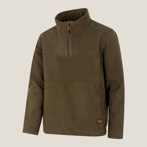 Olive green pullover fleece with quarter-zip front and pocket.