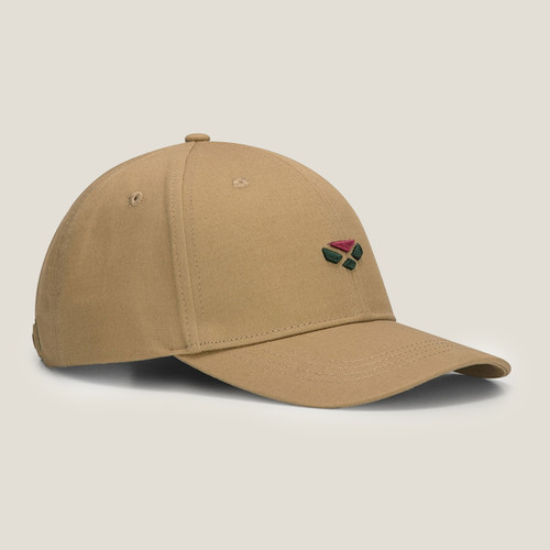 Sand coloured baseball cap with a small red and green Hoggs of Fife emblem on the front.