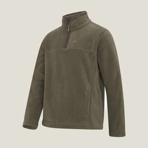 Olive green fleece jacket with half-zip closure and side pocket.