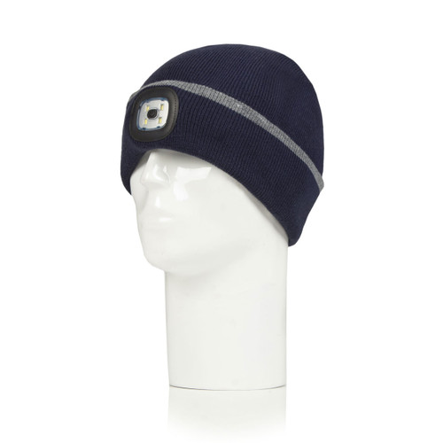 A navy turn up beanie hat with an attached LED light.