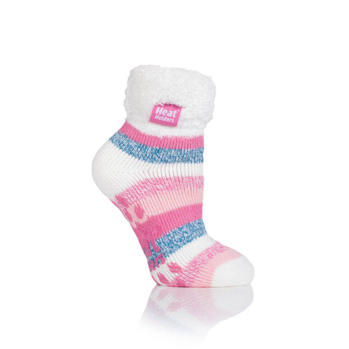 A thick striped slipper sock with a turn over cuff with a soft fluffy material.