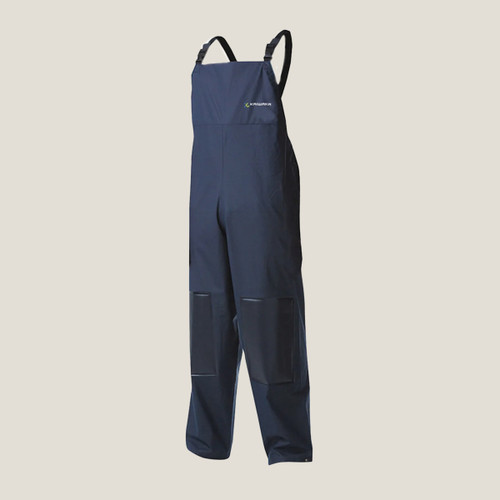 Navy blue waterproof overalls with adjustable black straps, designed for heavy-duty work. The fabric appears durable, with a shiny finish on the lower legs.