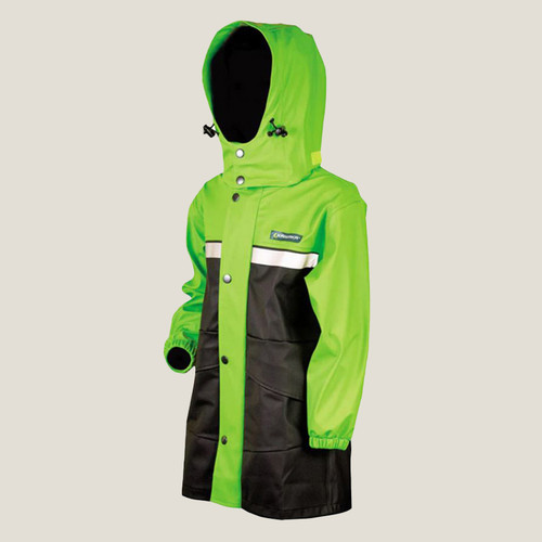 A vibrant green and black raincoat with a hood, contrasting stripe, and button closure. The design is practical and playful in style.