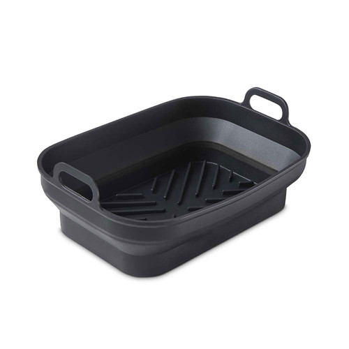 Two black rectangular air fryer trays with ridged interior and side handles on a white background.