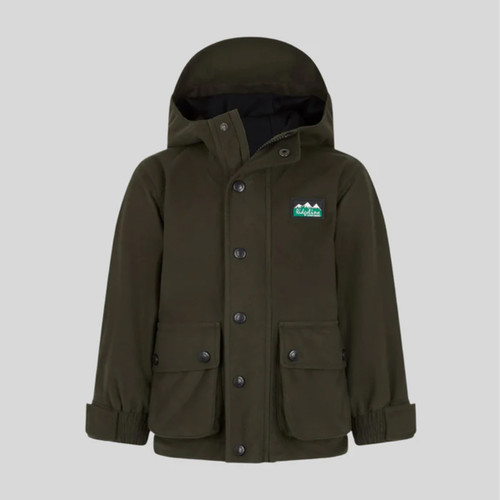Children’s deep forest green hooded jacket with button fastening, long sleeves and front pockets, featuring a Ridgeline logo on the chest.