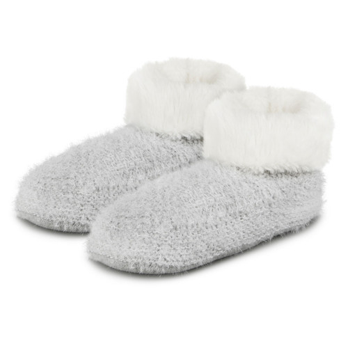 A pair of grey knitted booties