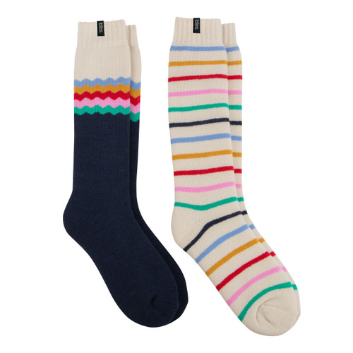 Two pairs of welly boot socks, one with a navy design with some stripes at the top adn one cream stripes sock.