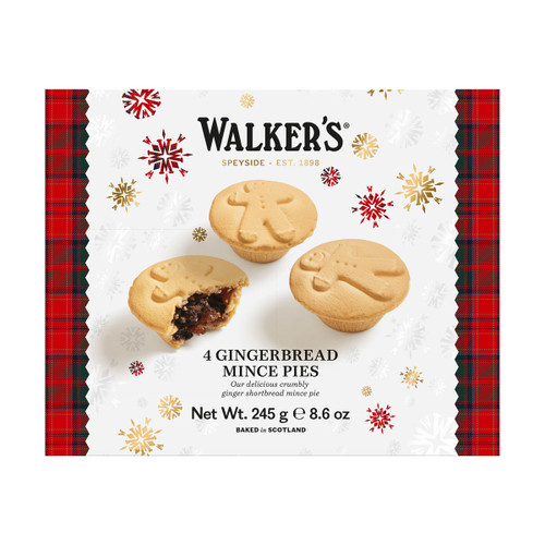 Walker’s 4 Gingerbread Mince Pies in festive white packaging with red tartan borders and snowflake decorations.