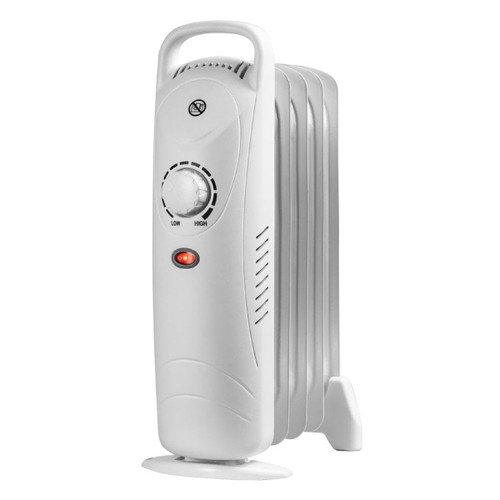 A white portable radiator heater with a carrying handle, a circular control knob, and an indicator light. It features vertical ridged panels. Sleek and compact design.