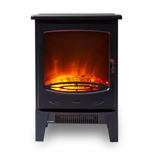 A black electric fireplace with light up orange log effect.