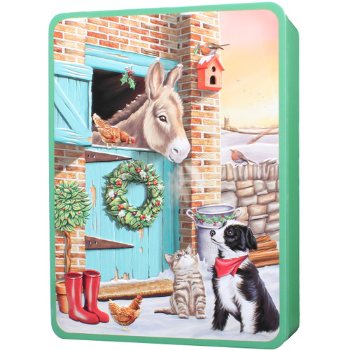 A festive barn scene with a donkey in a stable, a wreath on a turquoise door, a dog wearing a red scarf, a cat, red boots, and a birdhouse. Cozy winter vibe.