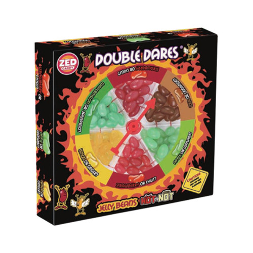 The image shows a "Double Dares" game box with a circular tray of colourful jelly beans. The packaging features a fiery design, suggesting a spicy theme.