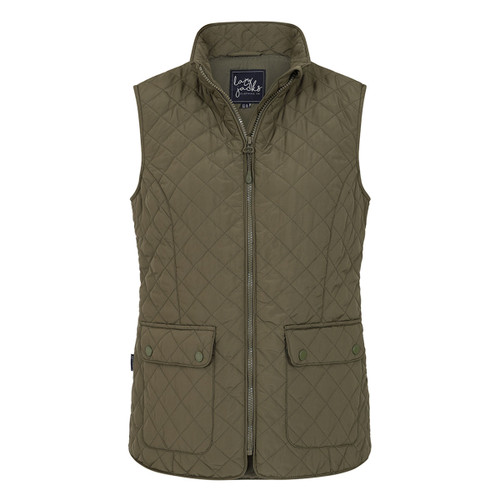 Women's khaki quilted gilet with front zip closure, high collar, and two flap pockets, featuring diamond stitching and a tailored fit.