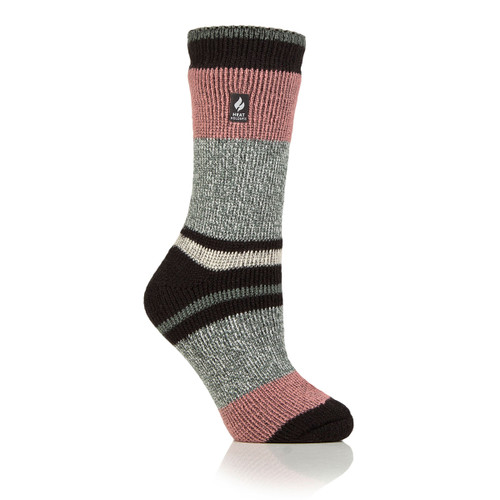 A grey sock with sage and pink colour blocks.