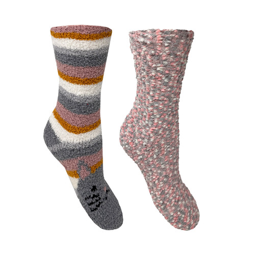 A side view of two slipper socks, one with a pink and grey striped cat design and the other with a pink colourway.