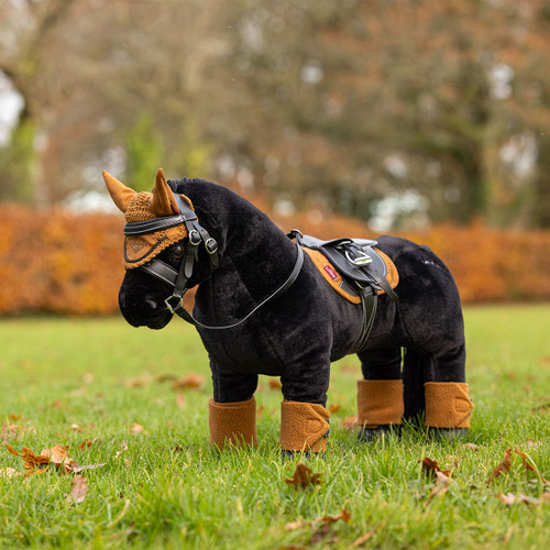 A black horse wearing a dark yellow saddle pad with other dark yellow tack.