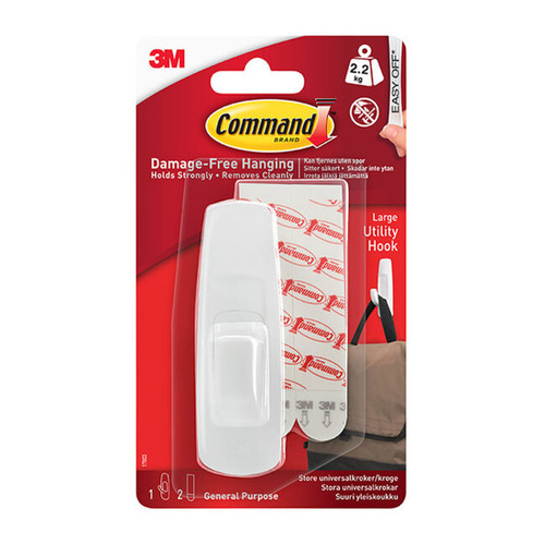 A packaged 3M Command brand large utility hook with damage-free hanging claim.