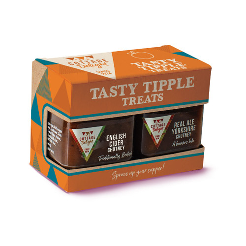 Colourful box of two Tasty Tipple Treats, featuring jars of English cider chutney and real ale chutney. Packaging is orange and blue with geometric accents.