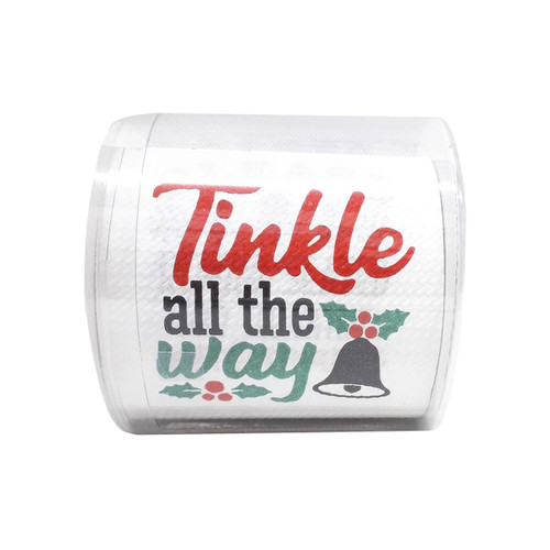 A roll of toilet paper with 'tinkle all the way' written on each sheet.