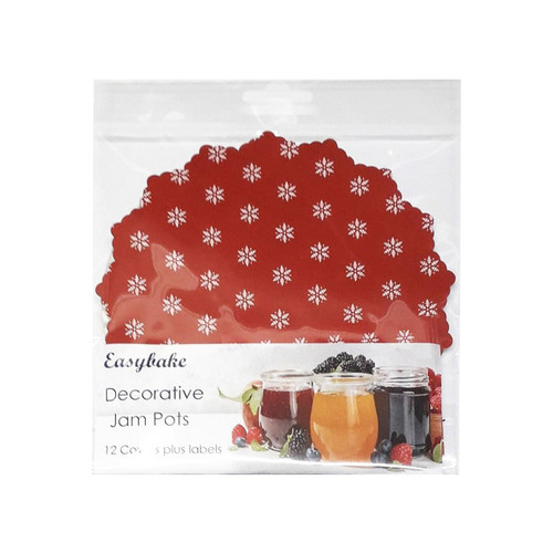 A packet containing red snowflake jam jar covers and accessories.