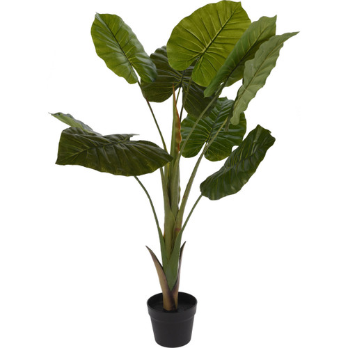 A green artificial Philodendron house plant in a black pot.