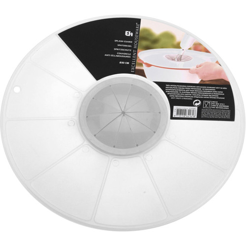 A round plastic cover with a section in the middle that allows a sieve to through.