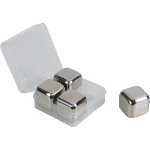 A set of four stainless steel ice cubes.