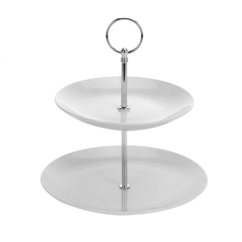 A white two-tier cake stand.
