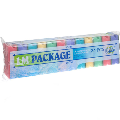 A 24 pack of multicoloured scouring sponges.