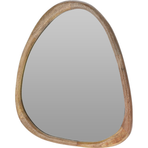 An asymmetric mirror with a chunky wooden border.