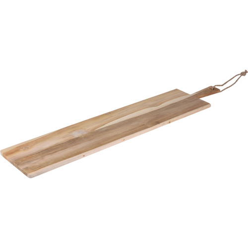 A teak wood serving board with a handle.
