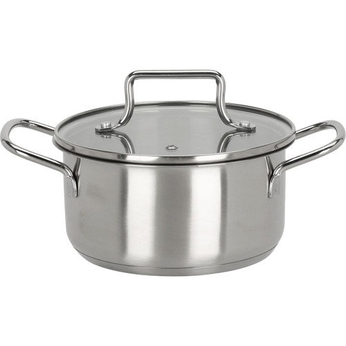 A silver stainless steel casserole pot.