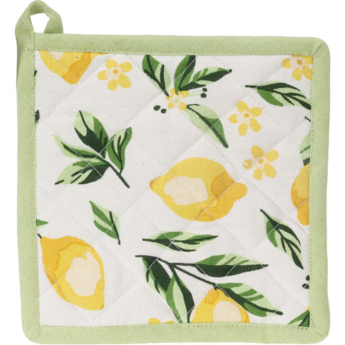 A pot holder with a lemon and leaves design