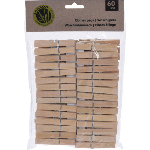 A pack of 60 bamboo clothes pegs