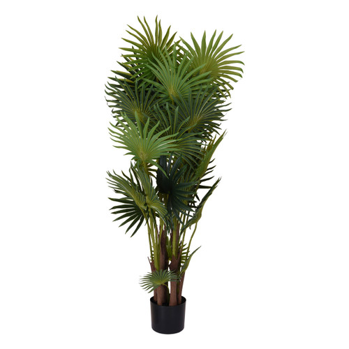 An artificial palm plant in a black pot.