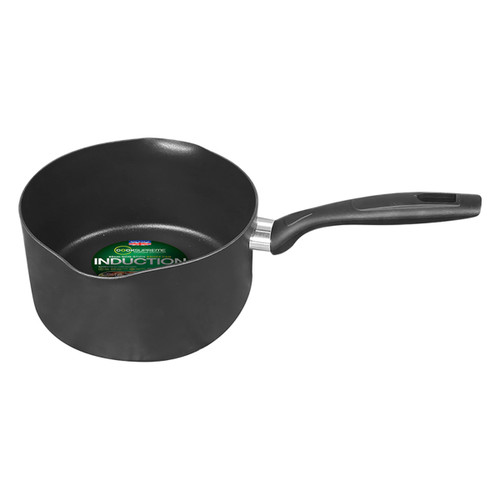 A black 20cm saucepan.