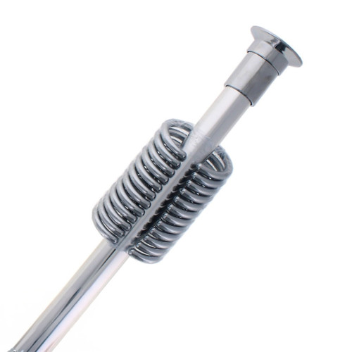 A chrome shower pole and curtain hooks