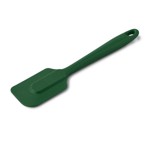 Green silicone ergonomic spatula on a white background.