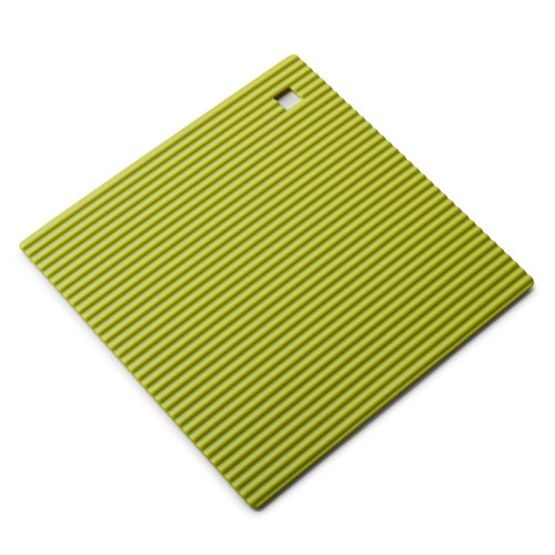 Lime green ridged silicone square hot mat trivet with a corner hanging hole, isolated on white background.