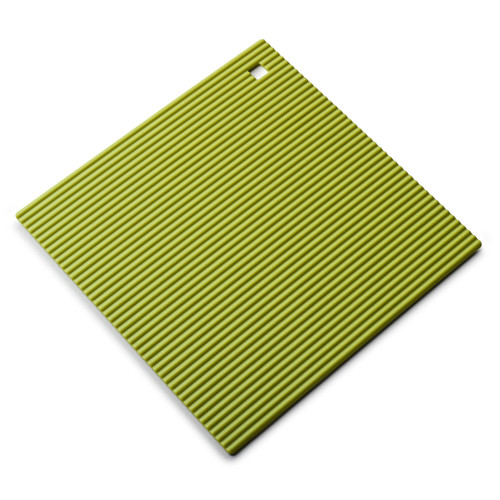 Green silicone square hot mat trivet with ridged texture on a white background.